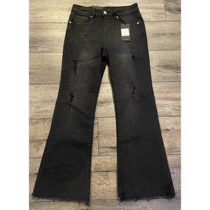 NWOT Risen Jeans Mid Rise Ankle Flare Distressed Raw Hem Black Size 9 29 New